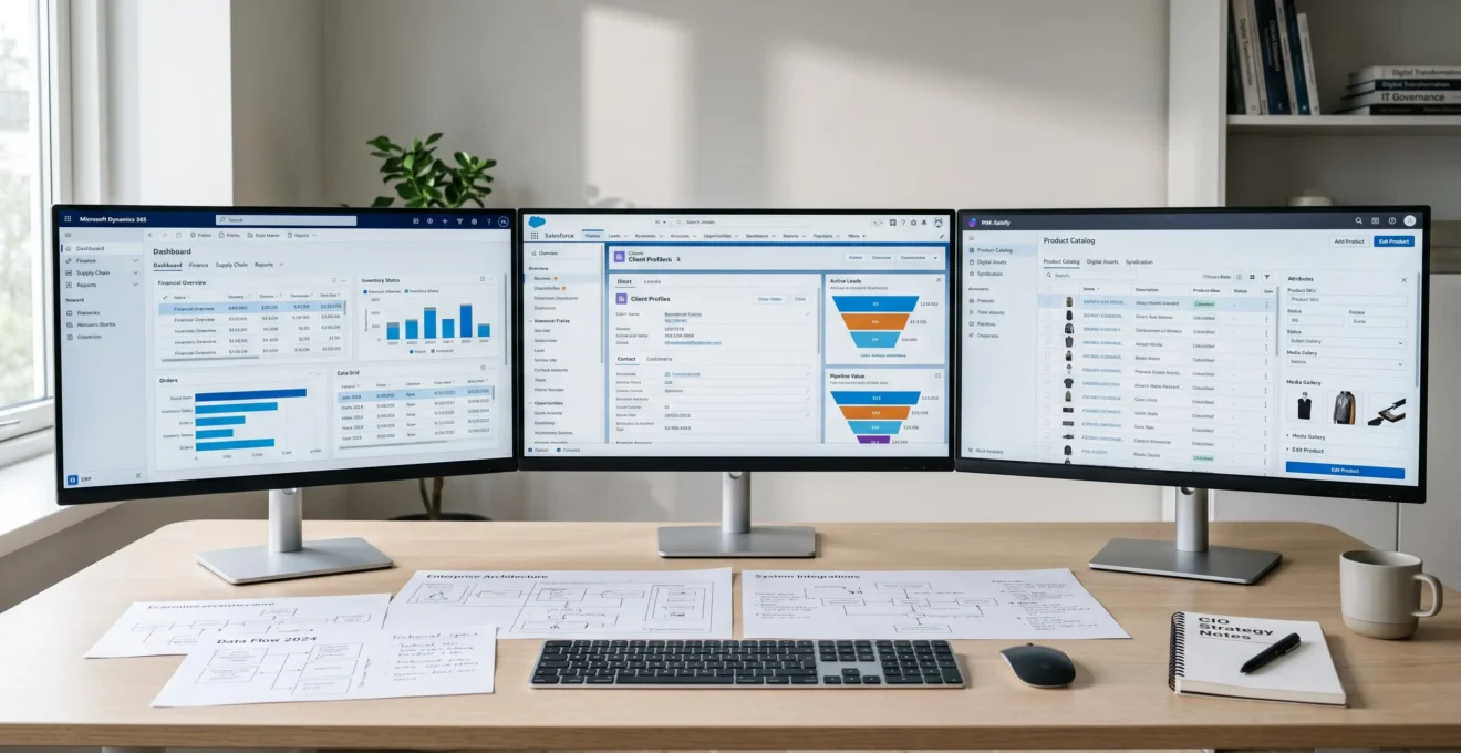 Bureau avec plusieurs écrans affichant simultanément des interfaces de systèmes ERP, CRM et PIM pour comparaison
