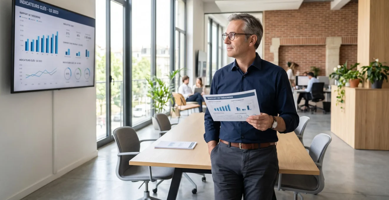 Dirigeant de PME analysant des indicateurs de trésorerie dans un espace de travail moderne.
