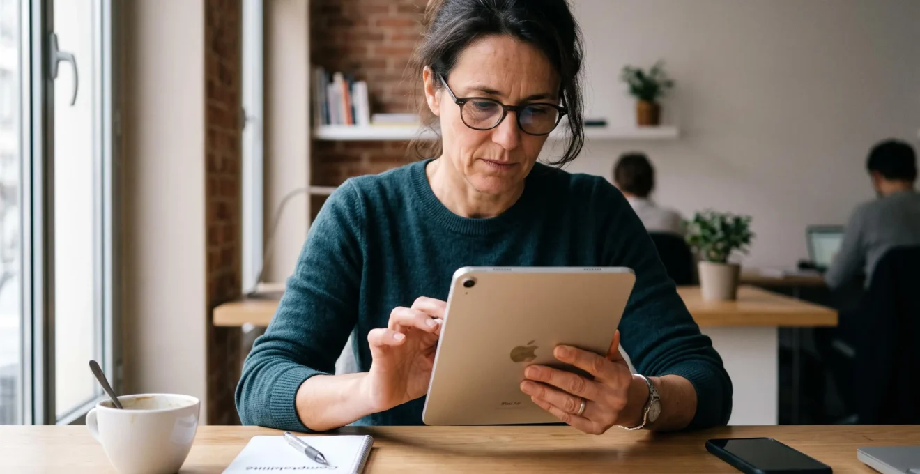 Entrepreneur envoyant une relance de paiement depuis une tablette dans son espace de travail.