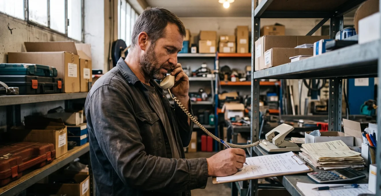 Un dirigeant de petite entreprise appelle un client au téléphone depuis l'arrière-boutique de son atelier en prenant des notes.