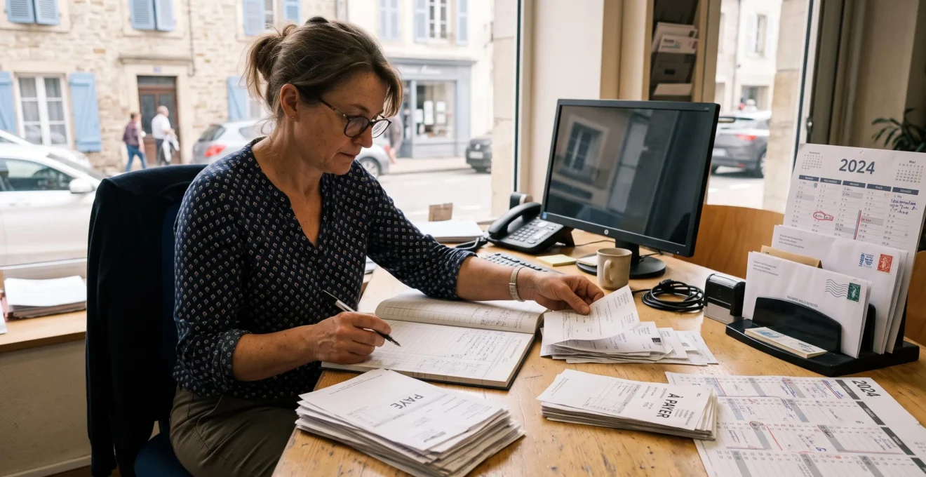 Une gestionnaire trie des factures impayées en deux piles sur son bureau tout en vérifiant son registre de relances.