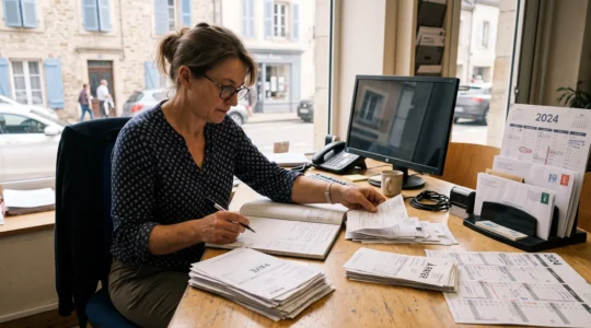 Une gestionnaire trie des factures impayées en deux piles sur son bureau tout en vérifiant son registre de relances.
