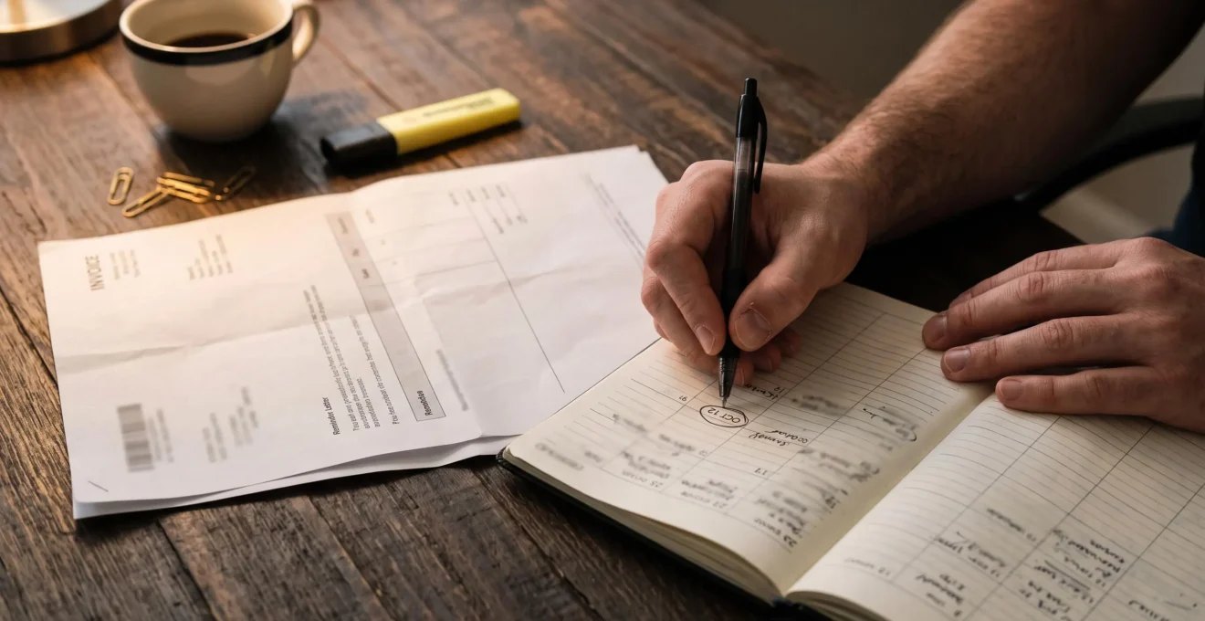 Des mains marquent une date sur un agenda posé à côté d'une facture et d'une lettre de relance imprimée.